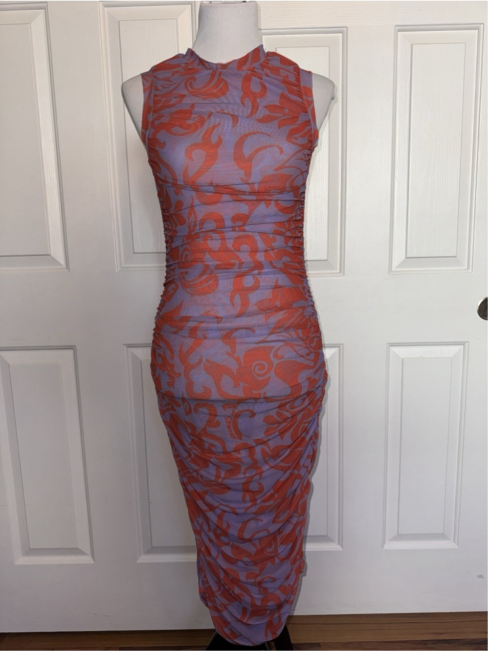 Miaou Suz Mesh Ruched Midi Dress Purple Red Abstract Bodycon Y2K Clubwear Small